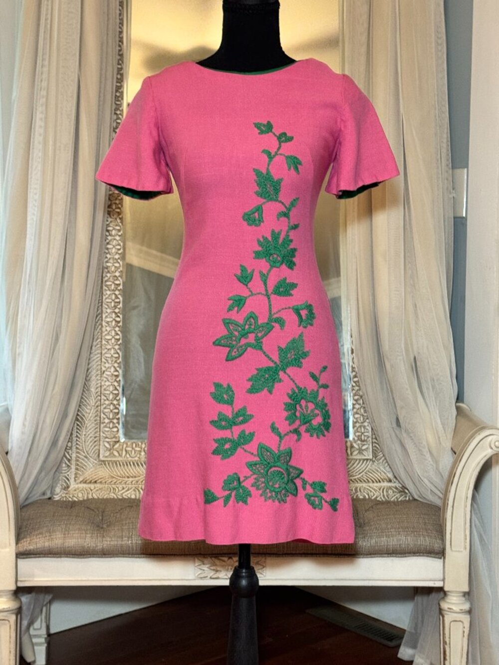 Vintage 1960s Pink Linen Floral Embroidered Dress Handmade Mod